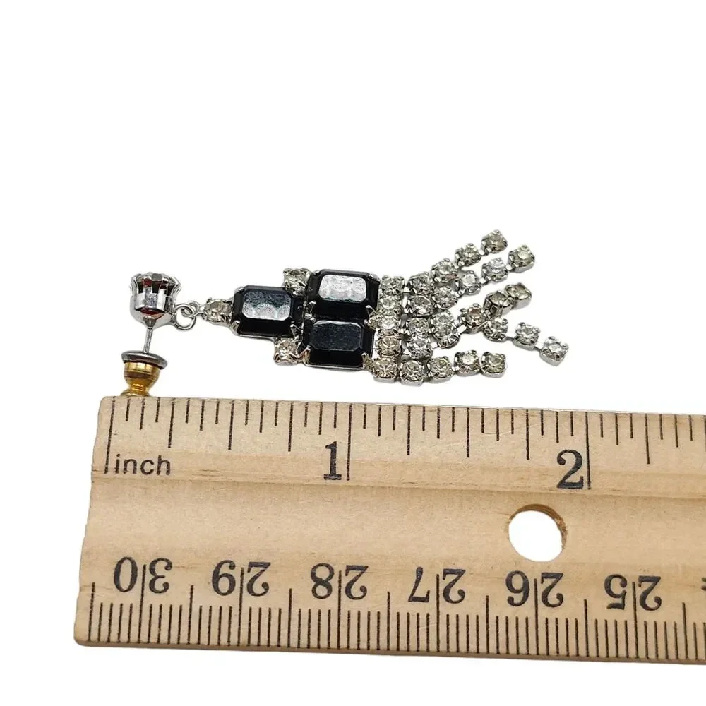 Black Clear Rhinestone Waterfall Dangle Drop Earrings Silver Tone Vintage Deco